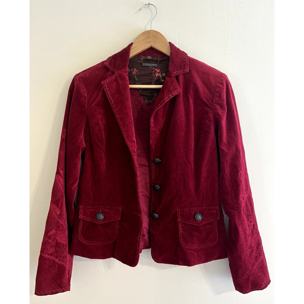 Maroon Free People Velvet Blazer Jacket Embroidered Floral Threaded Detailing XS